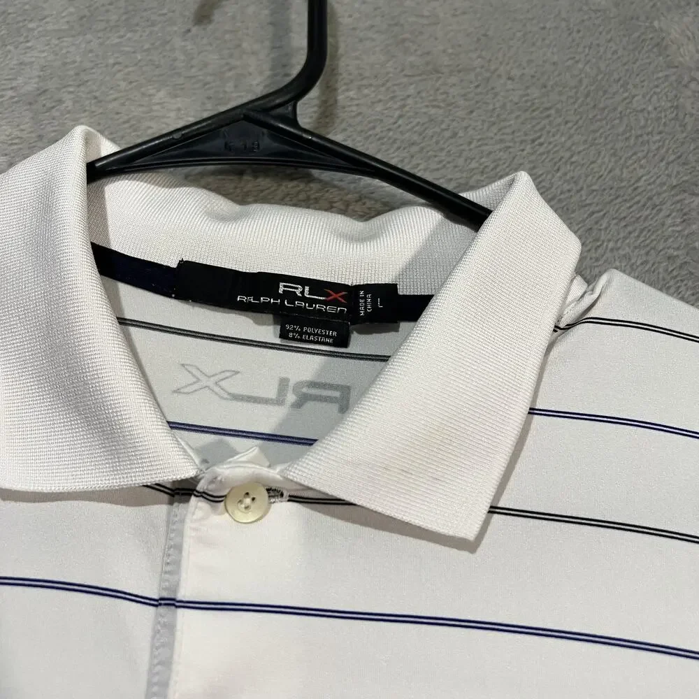 RLX Ralph Lauren Polo Shirt Mens Large White Blue Stripe Golf TPC Four Seasons